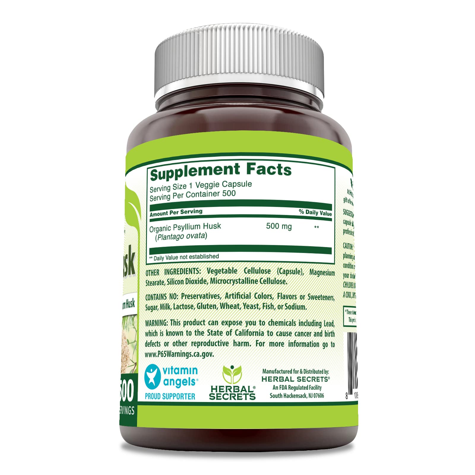 Herbal Secrets psyllium husk veggie capsule close-up for gluten-free use