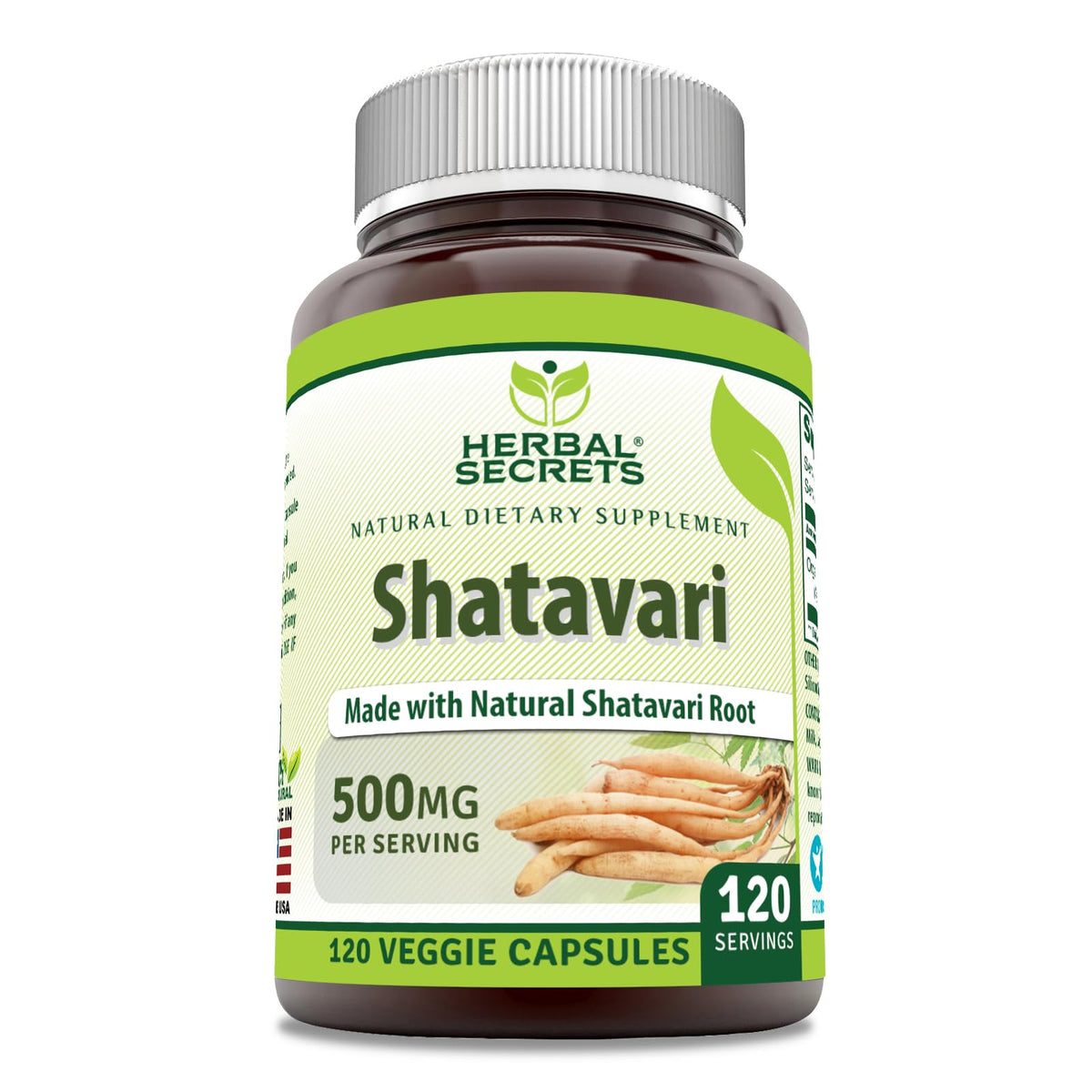 Herbal Secrets Shatavari 500 mg bottle for daily use.