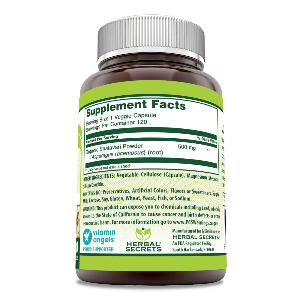 Herbal Secrets Shatavari label and packaging, showcasing USA-made quality.