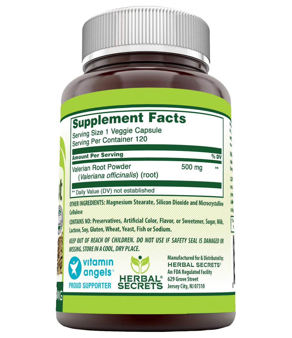 Herbal Secrets valerian capsule closeup highlights veggie capsule format for gentle relaxation.