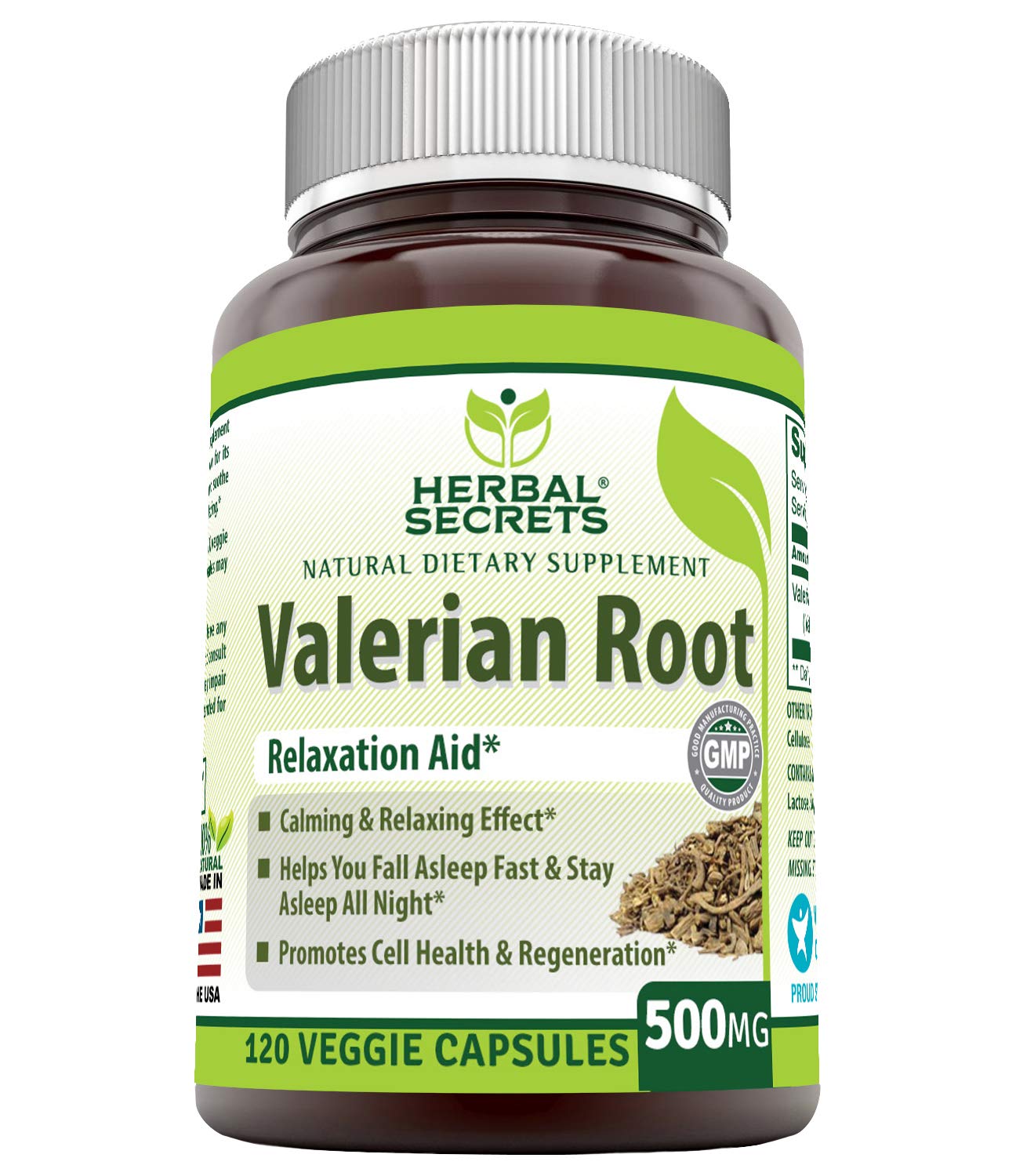 Herbal Secrets valerian root bottle depicts the 500 mg supplement for a calming evening routine.