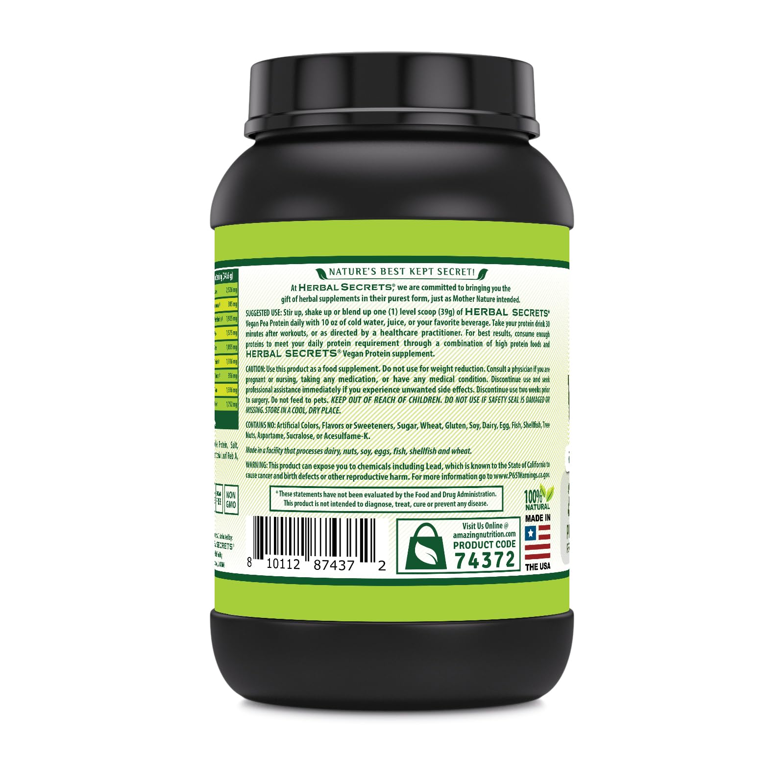 Herbal Secrets Vegan Protein vanilla bottle on display emphasizes quality and purity