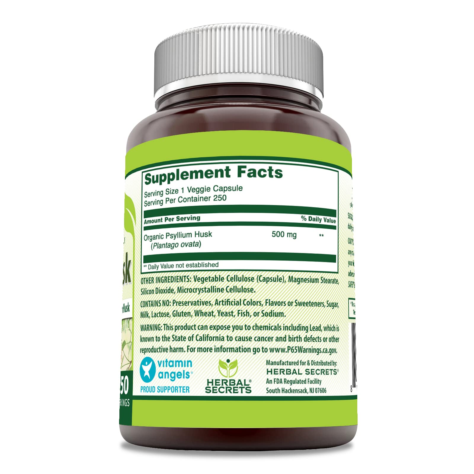 Herbal Secrets veggie capsules package shows 250-count for vegetarian-friendly fiber support.