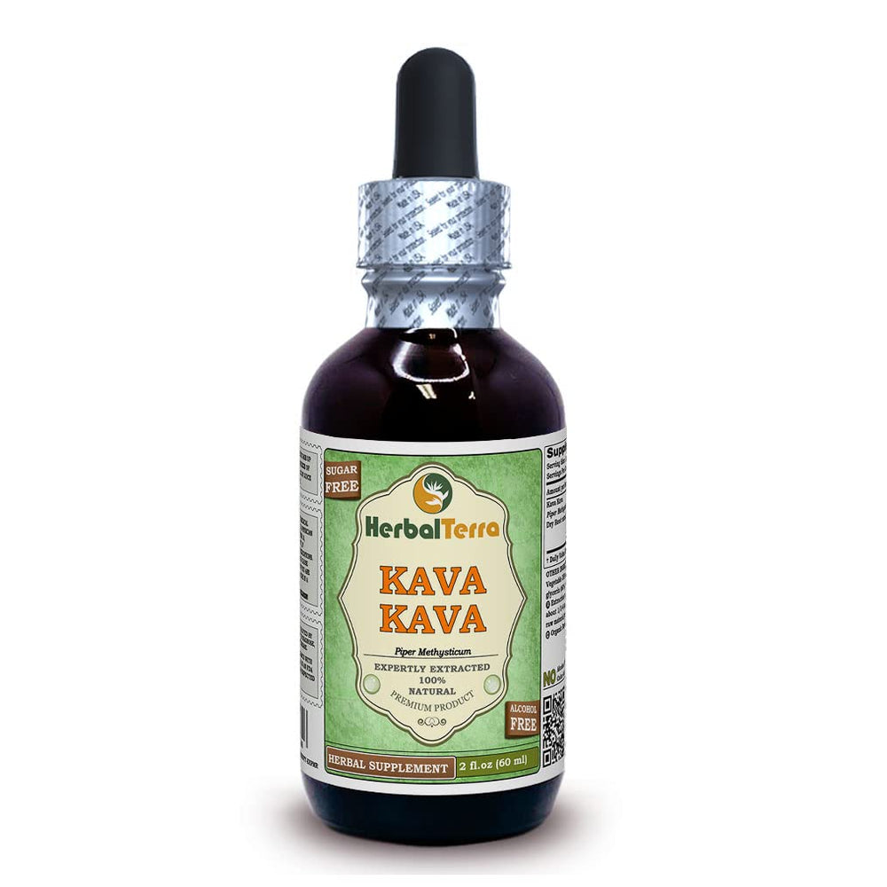 Herbal Terra Kava Kava glycerite bottle, alcohol-free extract, easy dosing.