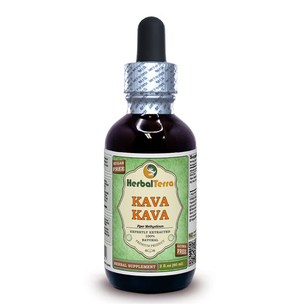 Herbal Terra Kava Kava glycerite bottle, alcohol-free extract, easy dosing.