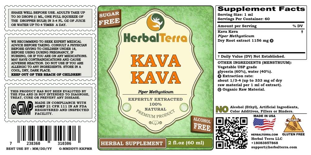 Herbal Terra Kava Kava glycerite dropper, precise dosing for convenient use.