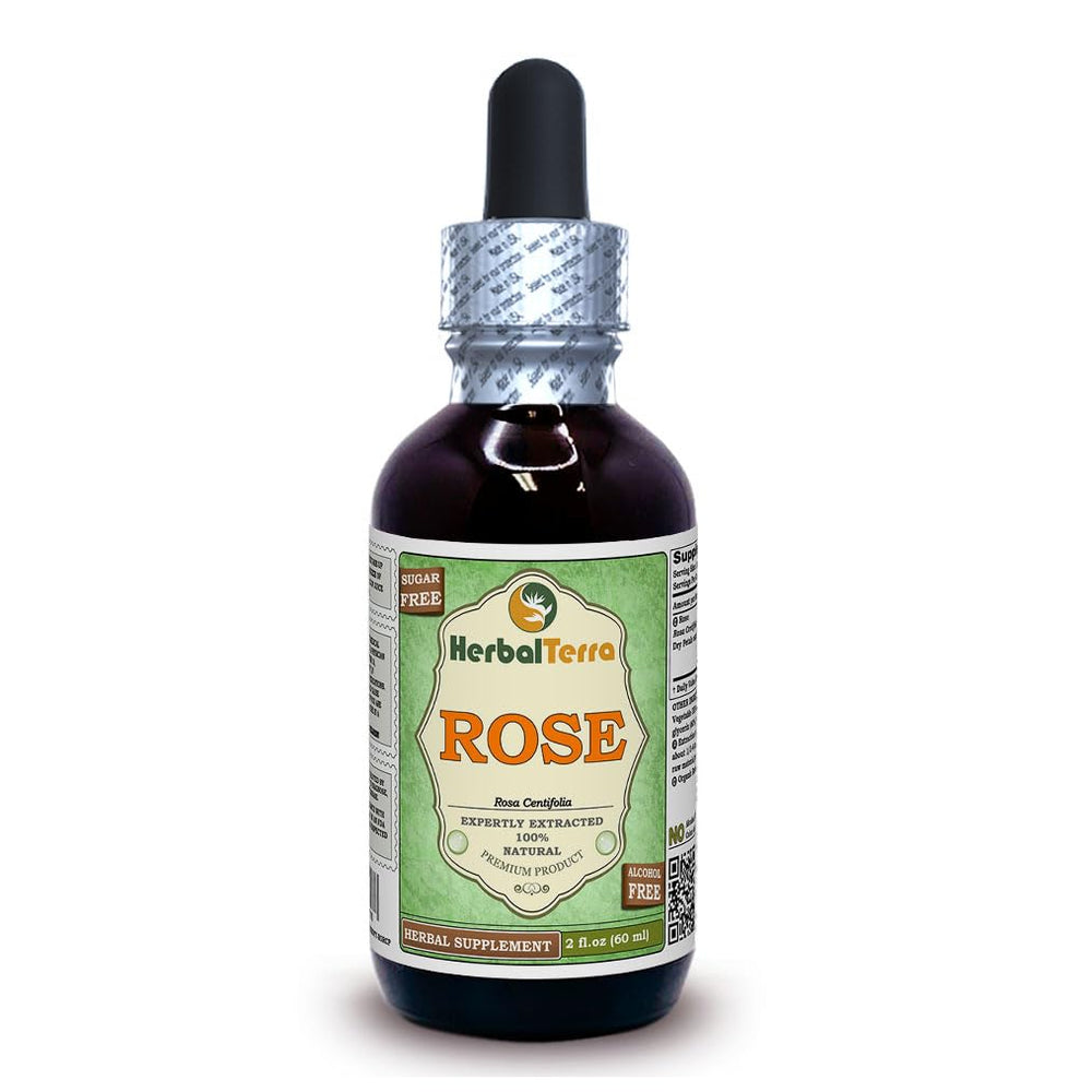 Herbal Terra Rose glycerite bottle highlights alcohol-free, organic rose extract for versatile use.