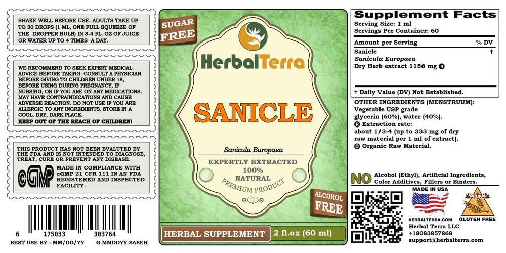 Herbal Terra Sanicle glycerite label highlighting organic dried herb content for herbal remedies.