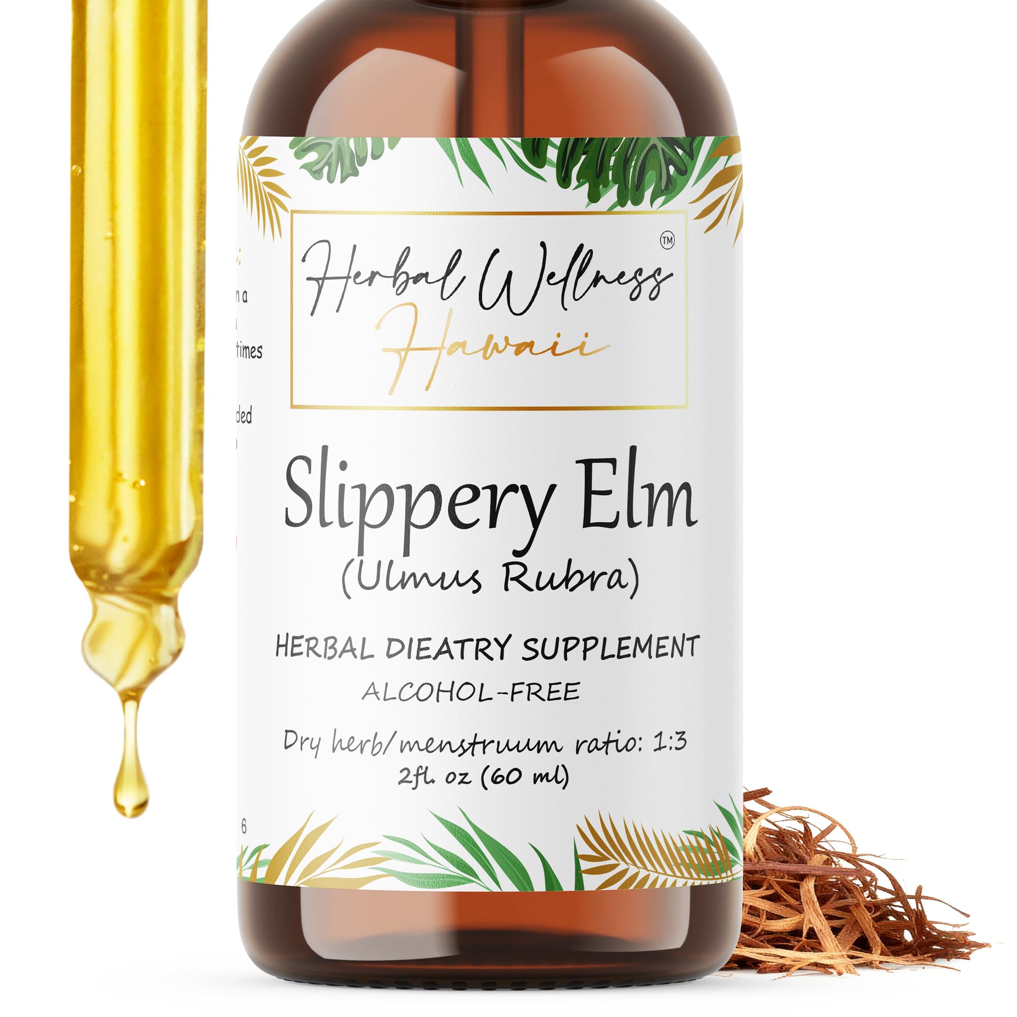 Herbal Wellness Hawaii slippery elm bark drops demonstrate an alcohol-free liquid extract for gentle daily use.