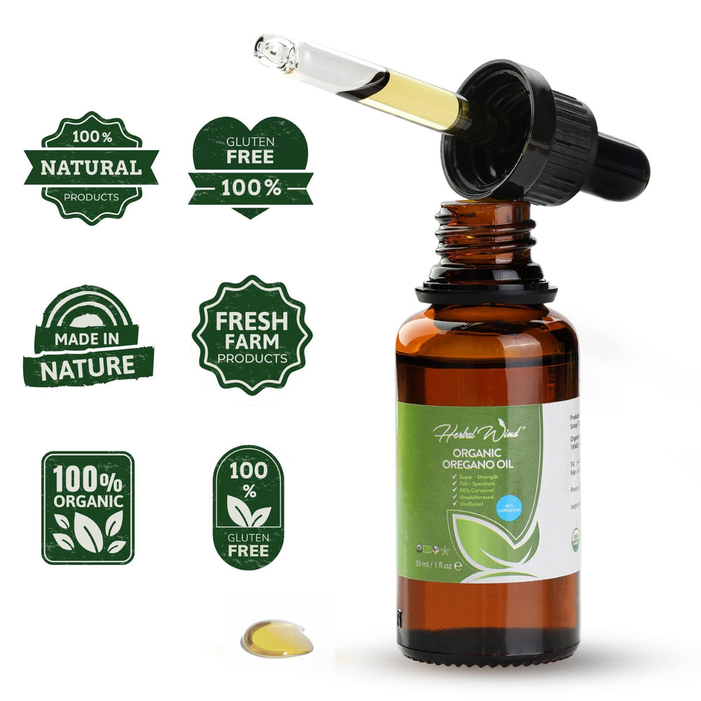 Herbal Wind Organic Oregano Oil bottle close-up showing amber hue