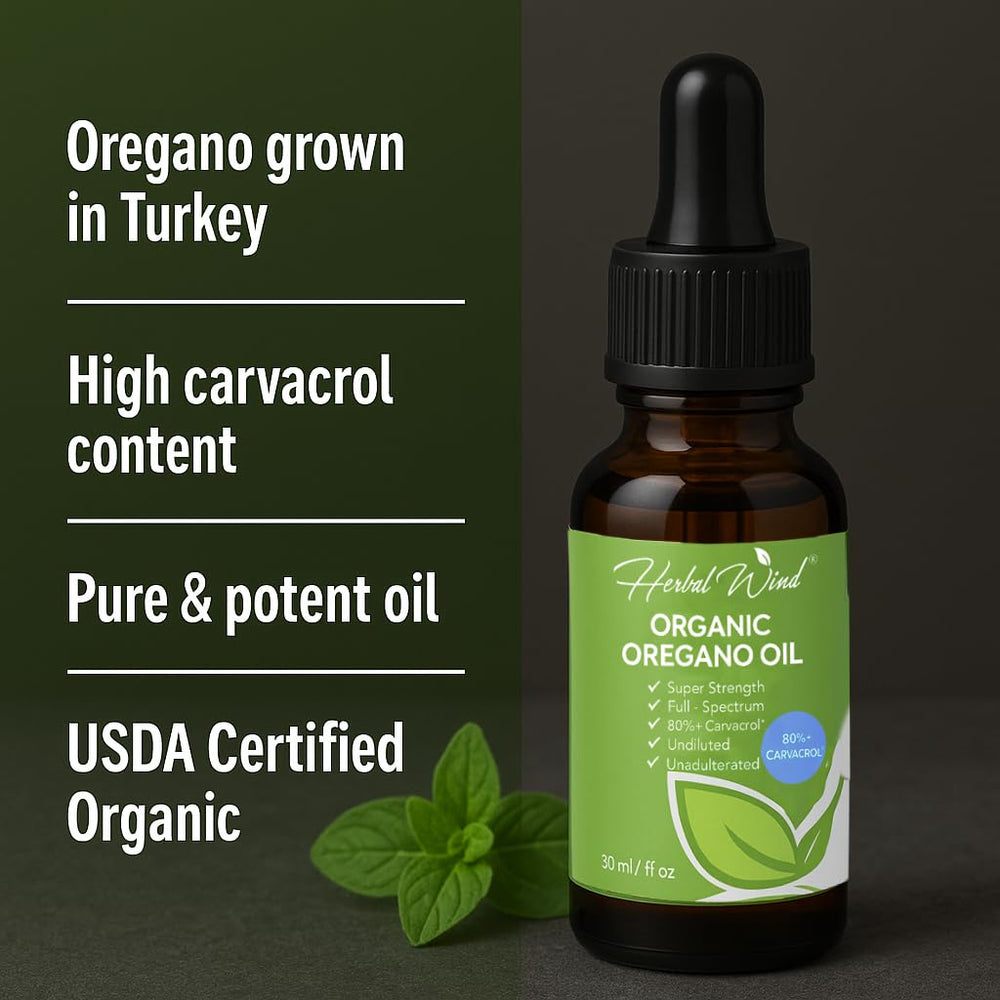 Herbal Wind Organic Oregano Oil ingredients list showing olive oil base