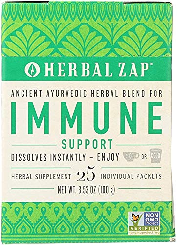 Herbal Zap Immune Support box front demonstrates 25 portable packets for on-the-go wellness.