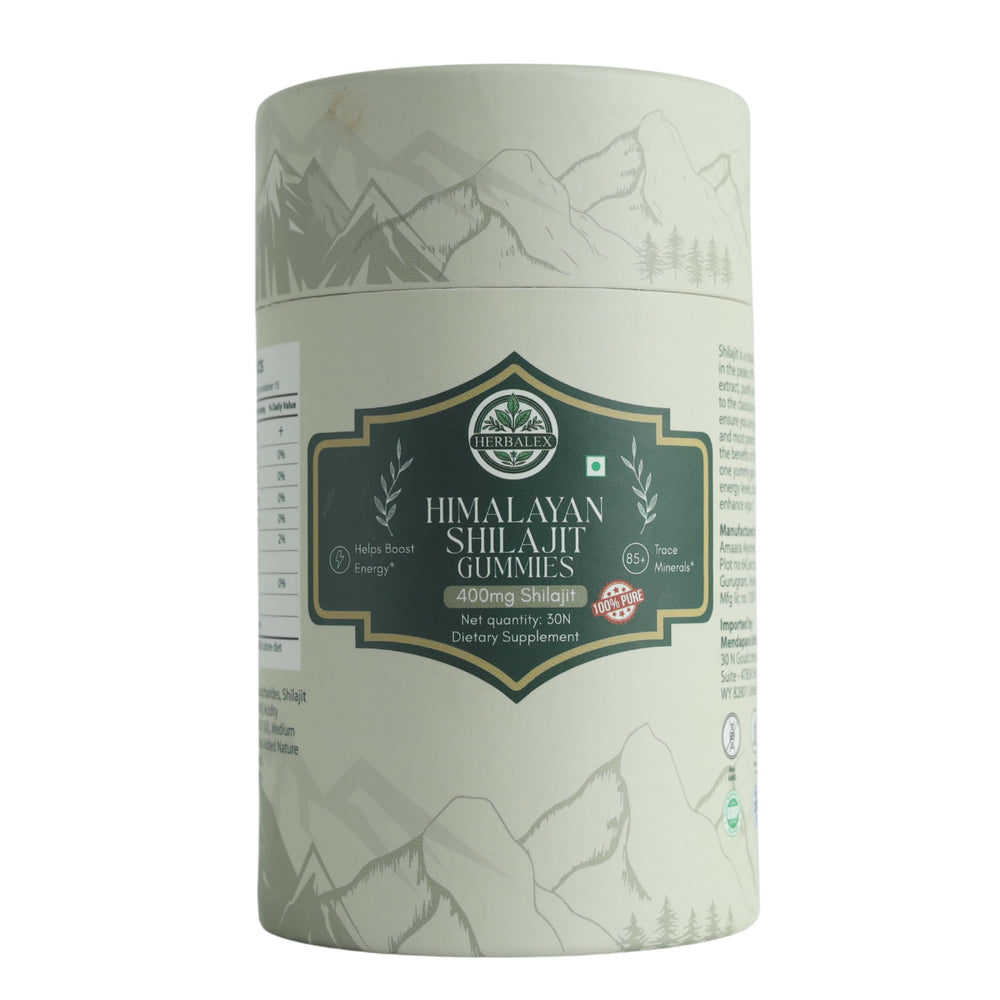 HERBALEX Himalayan Shilajit Gummies bottle offers convenient energy support for daily routines.