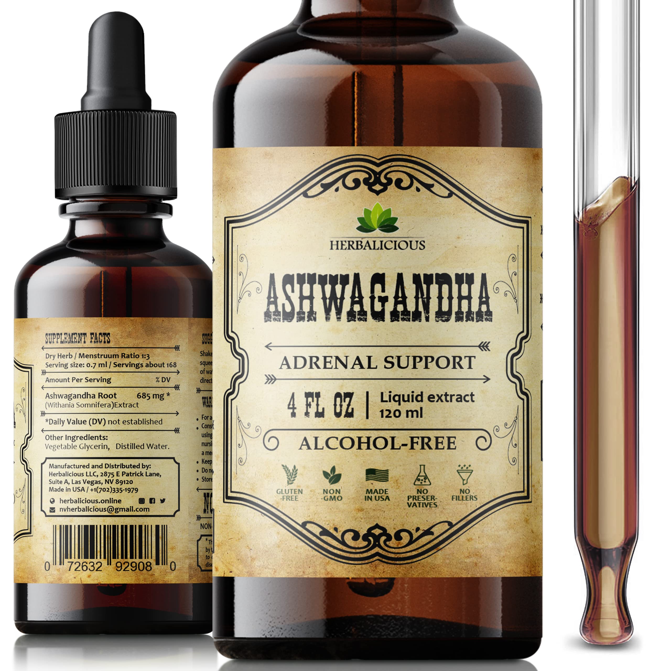 HERBALICIOUS Ashwagandha drops bottle for daily calm and balance.