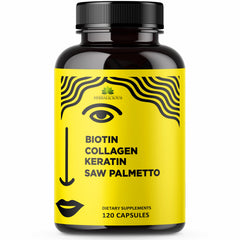 Herbalicious biotin collagen supplement bottle for hair and nails wellness.