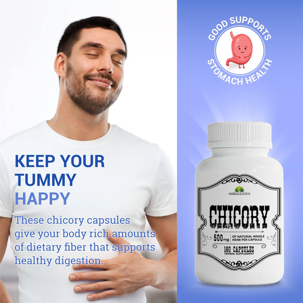 HERBALICIOUS Chicory Root Supplement bottle demonstrates dairy-free and gluten-free attributes.