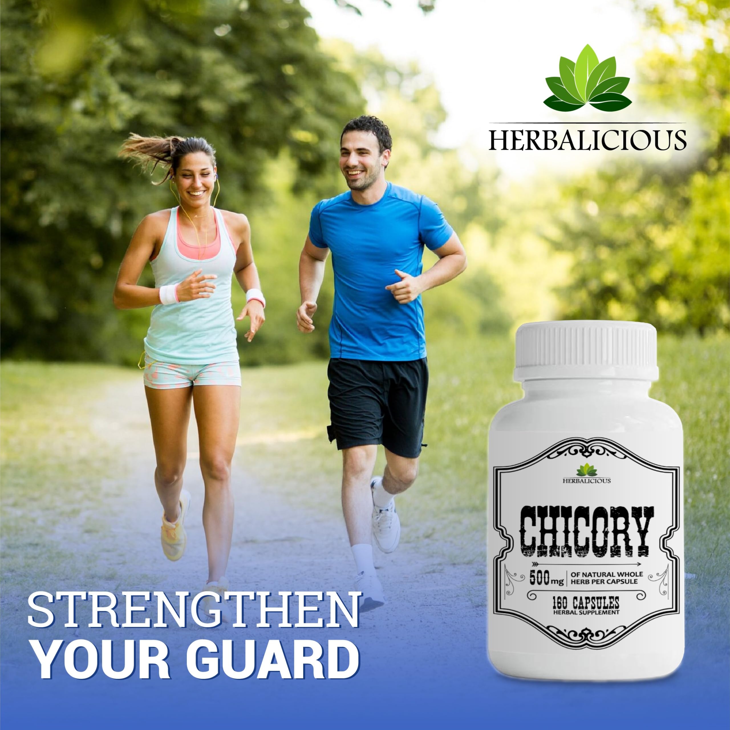 HERBALICIOUS Chicory Root Supplement bottle emphasizes gut-friendly nutrition for balance.