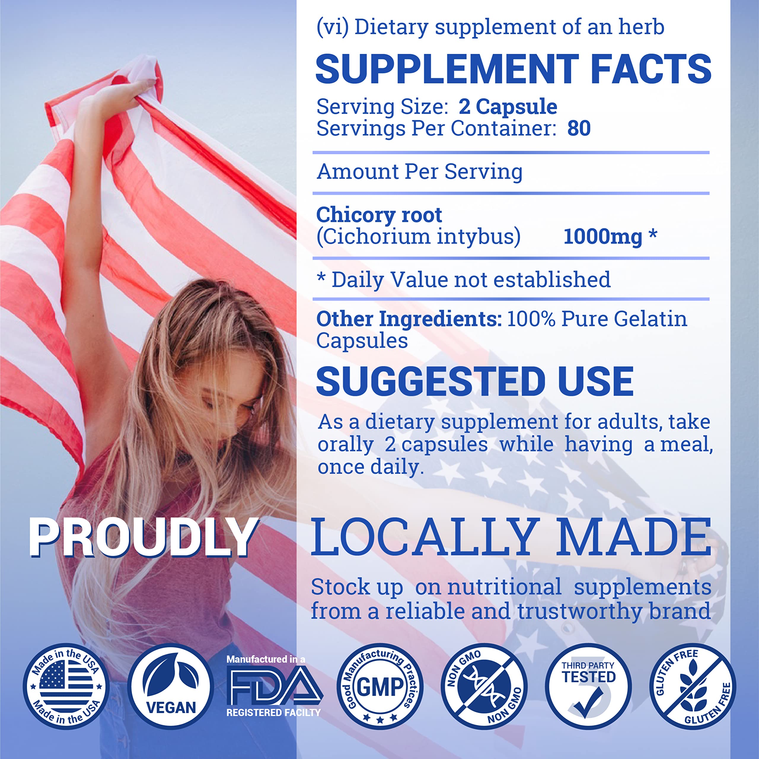 HERBALICIOUS Chicory Root Supplement USA-made badge signals quality and origin.