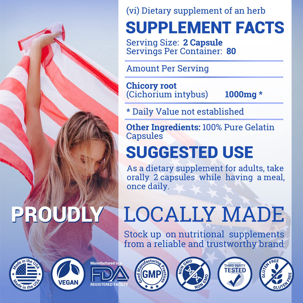 HERBALICIOUS Chicory Root Supplement USA-made badge signals quality and origin.