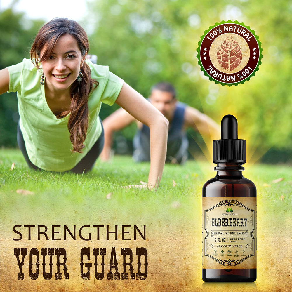 HERBALICIOUS Elderberry daily-use setup with glass and juice for convenient supplementation.