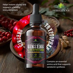 HERBALICIOUS ginseng-l-tryptophan liquid bottle closeup showing premium ingredients for daily wellness
