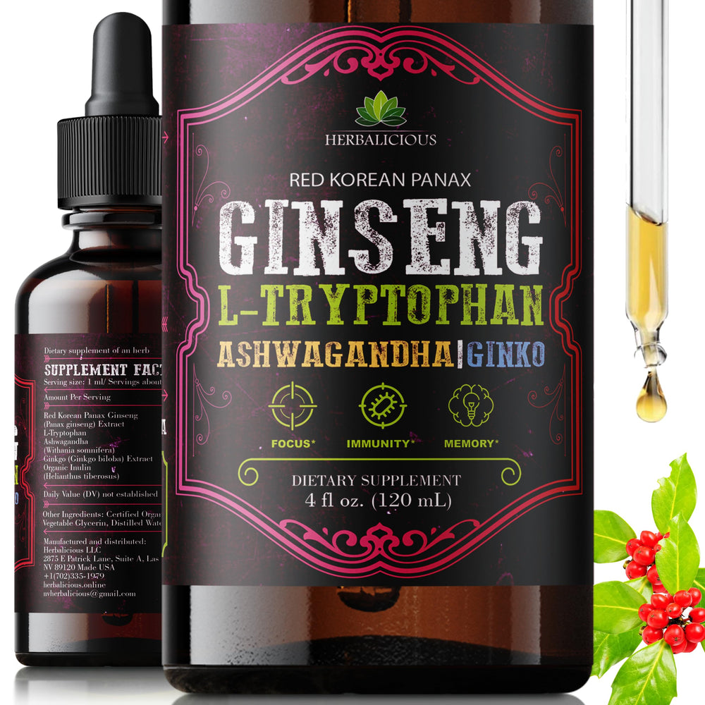 HERBALICIOUS ginseng-l-tryptophan liquid bottle pour for a smooth energy lift