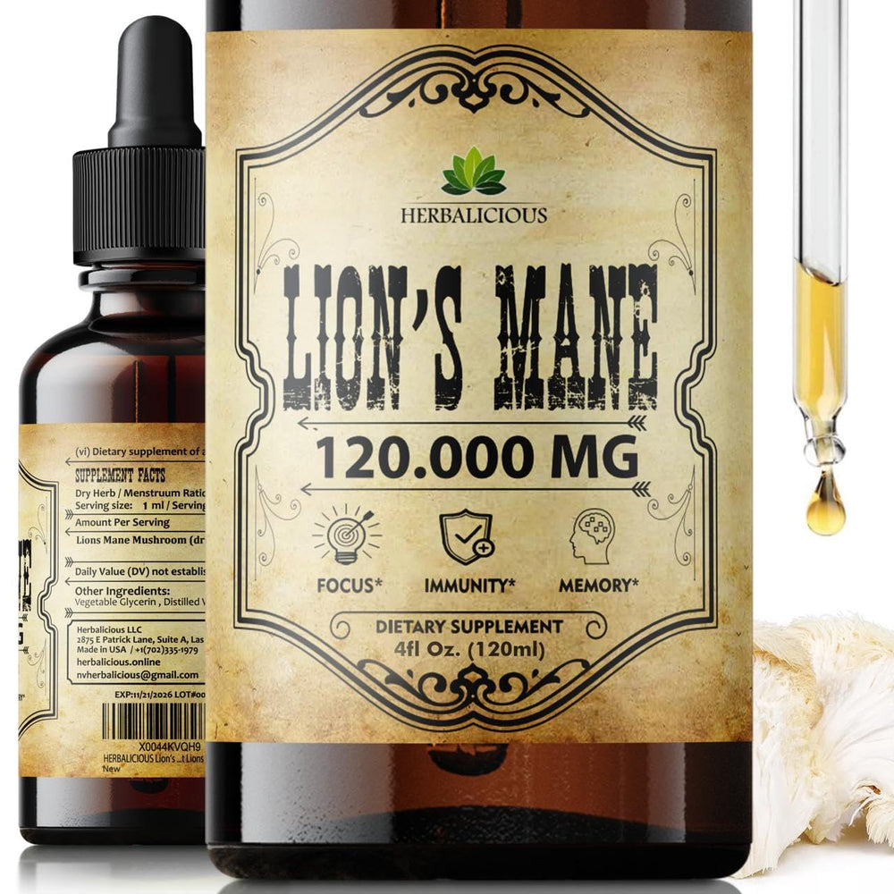 HERBALICIOUS Lion’s Mane Extract 4-oz bottle, premium cognitive support visual