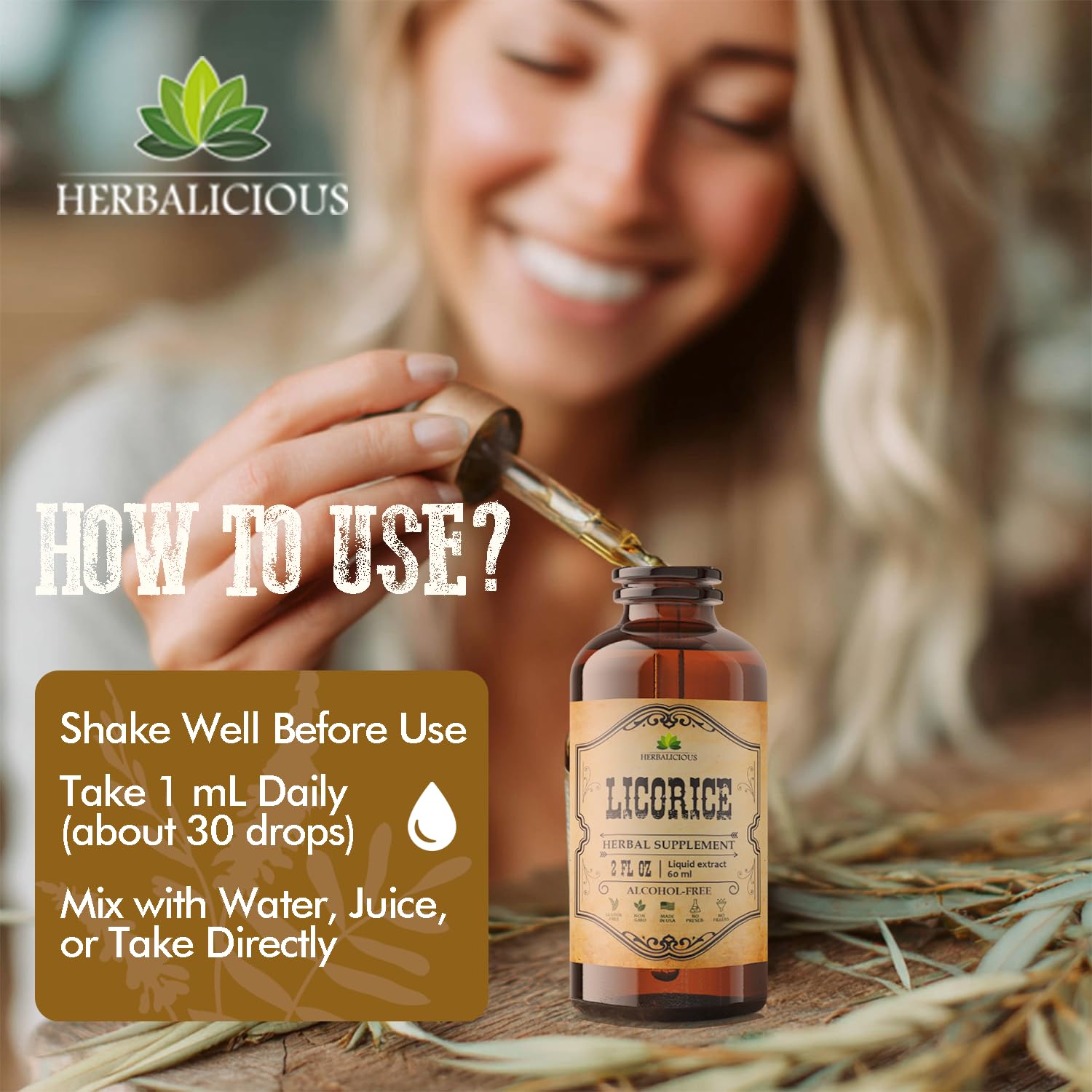 HERBALICIOUS liquid formula with dropper for precise, fast dosing at home.