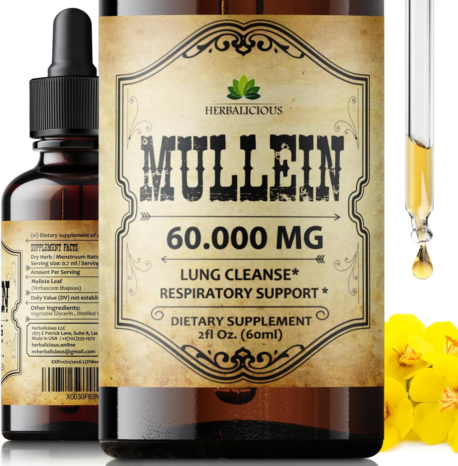 HERBALICIOUS Mullein Drops bottle pour for easier breathing and natural support