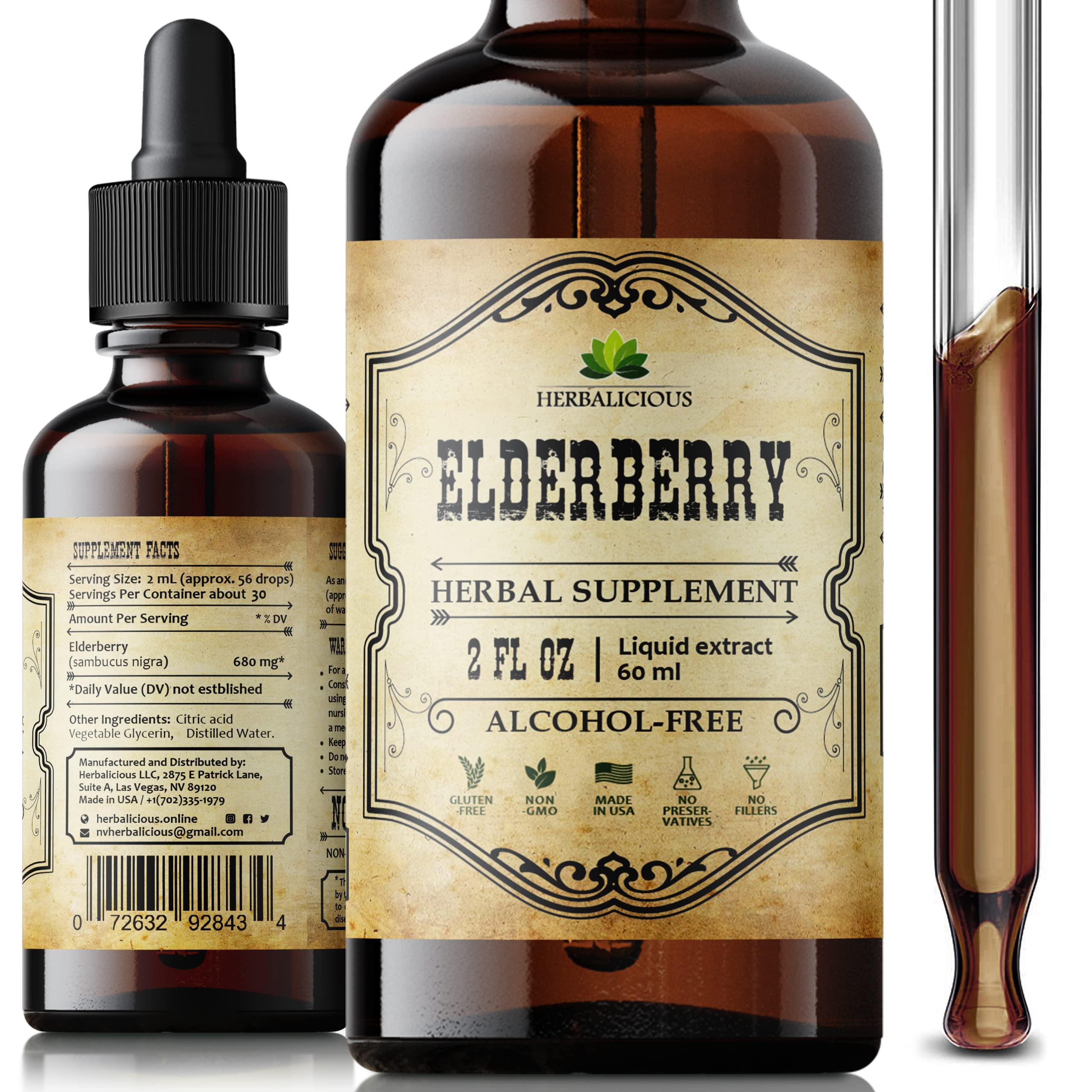 HERBALICIOUS Organic Elderberry Liquid bottle showing rich color for immune support.