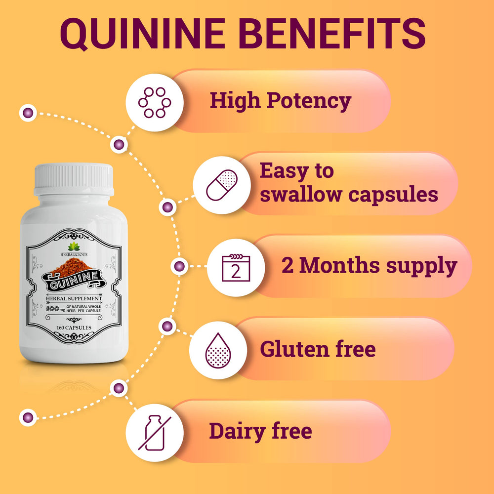 HERBALICIOUS Quinine Capsules bottle back view emphasizes US-made quality and bottle size.