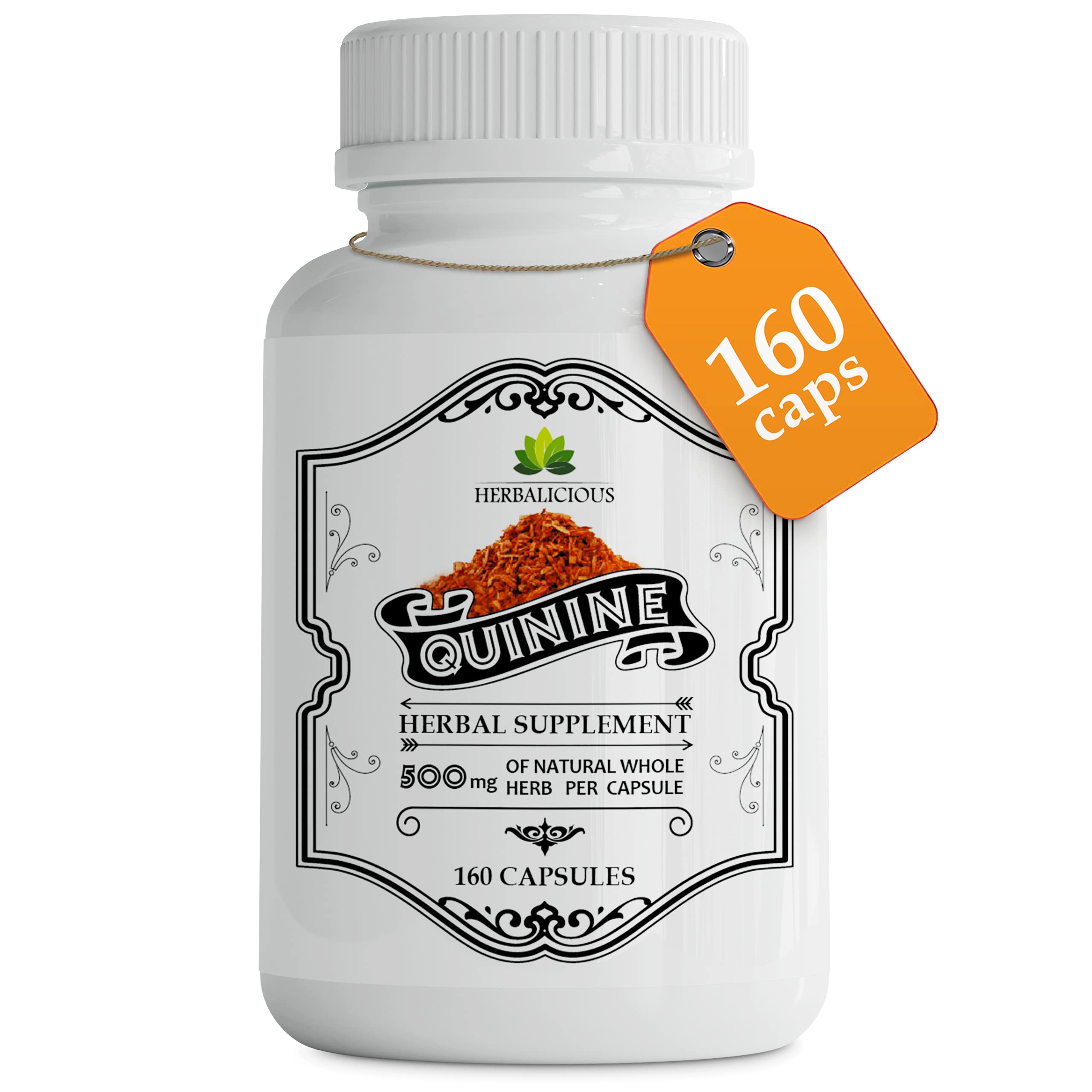 HERBALICIOUS Quinine Capsules bottle on wood table supports leg comfort and digestive aid potential.