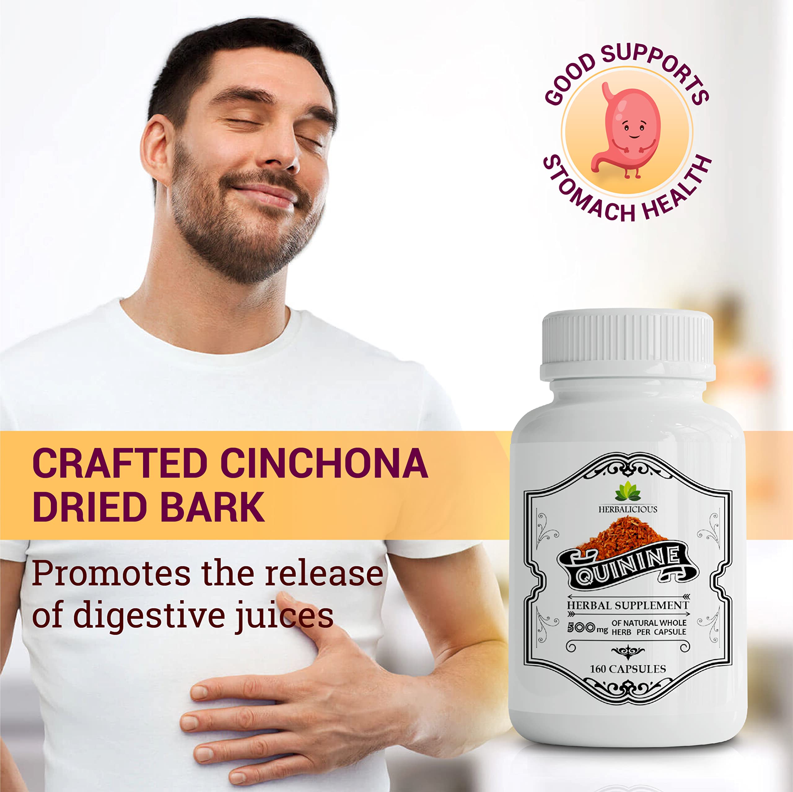 HERBALICIOUS Quinine Capsules pouring shot demonstrates easy daily use for potential leg comfort.