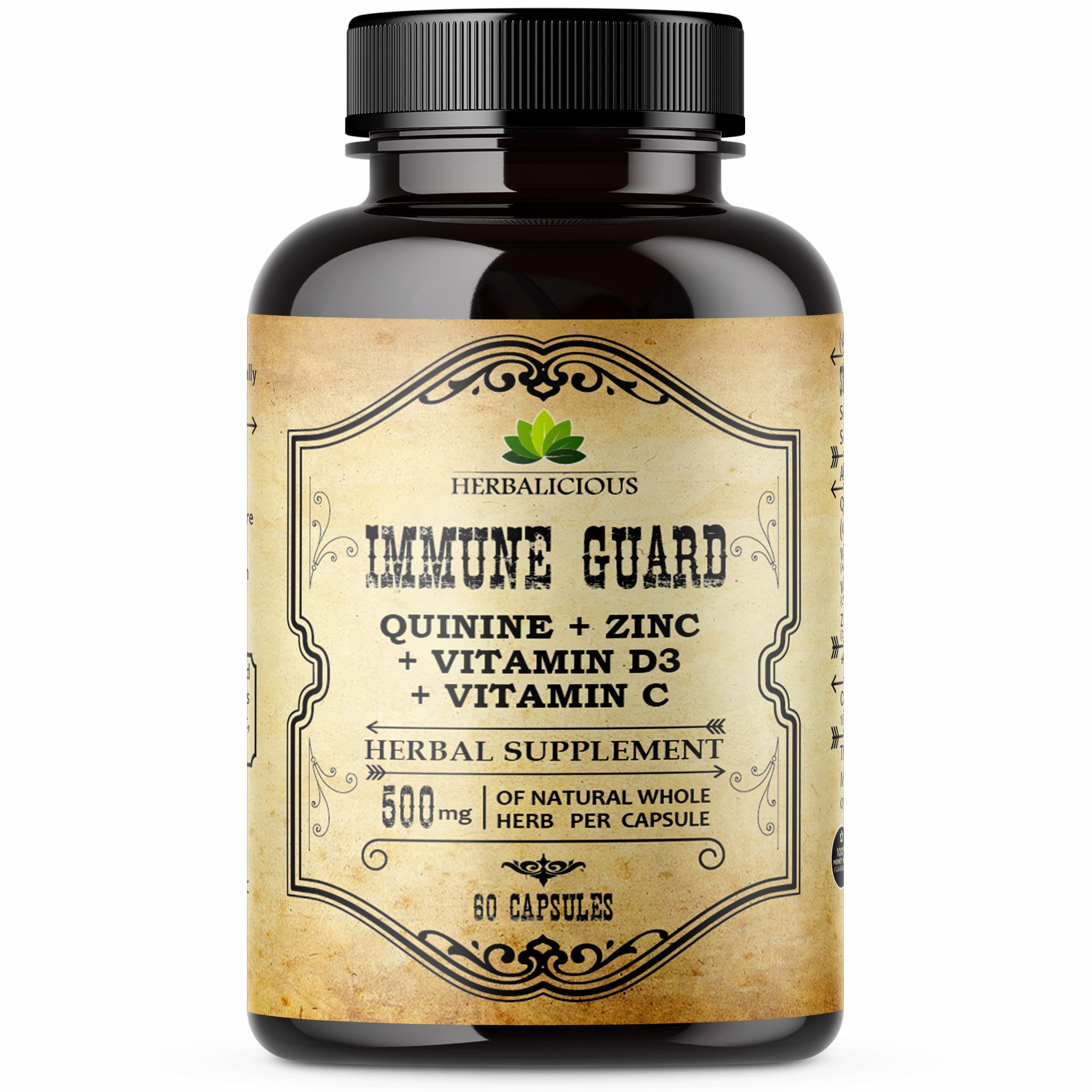 HERBALICIOUS Quinine Immune Guard bottle highlighting immune support benefits.