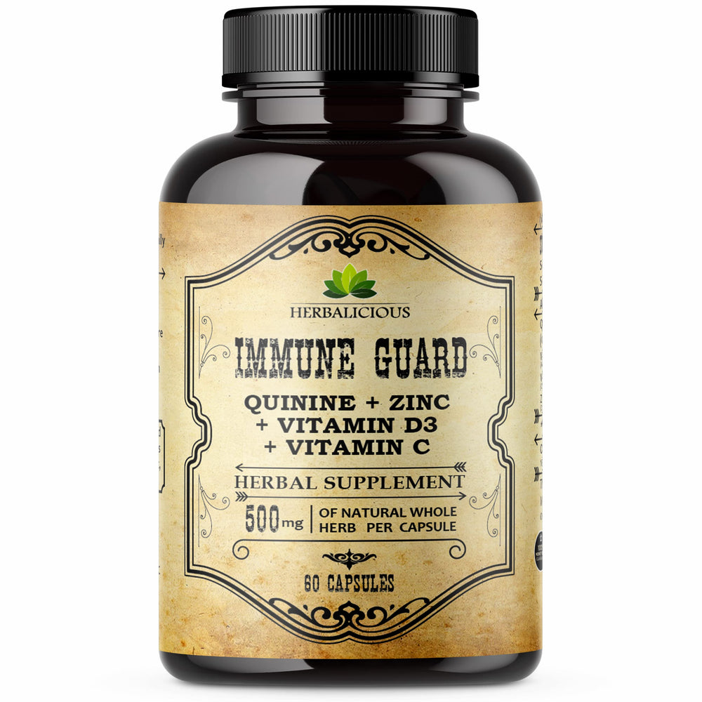 HERBALICIOUS Quinine Immune Guard bottle highlighting immune support benefits.
