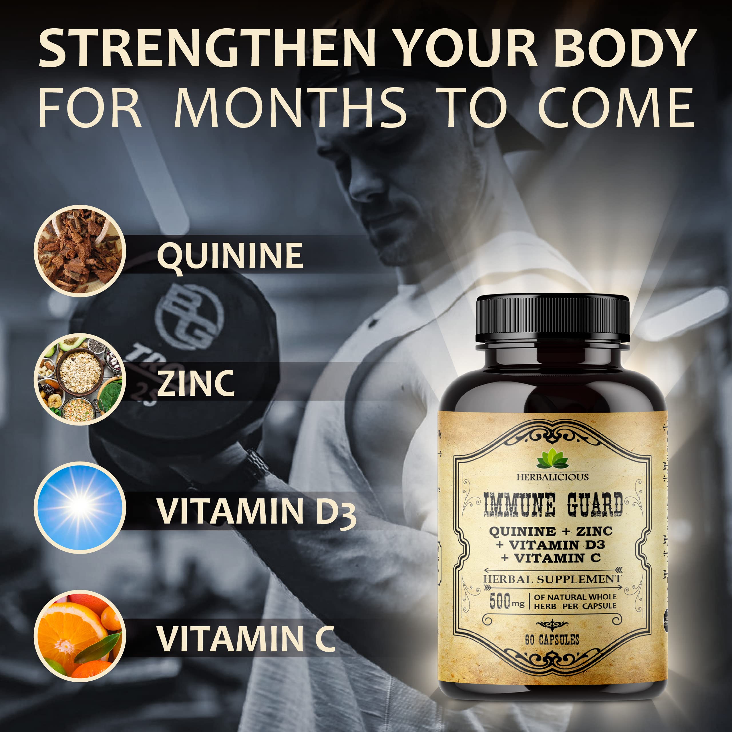 HERBALICIOUS Quinine Immune Guard capsules closeup shows capsule form for daily use.