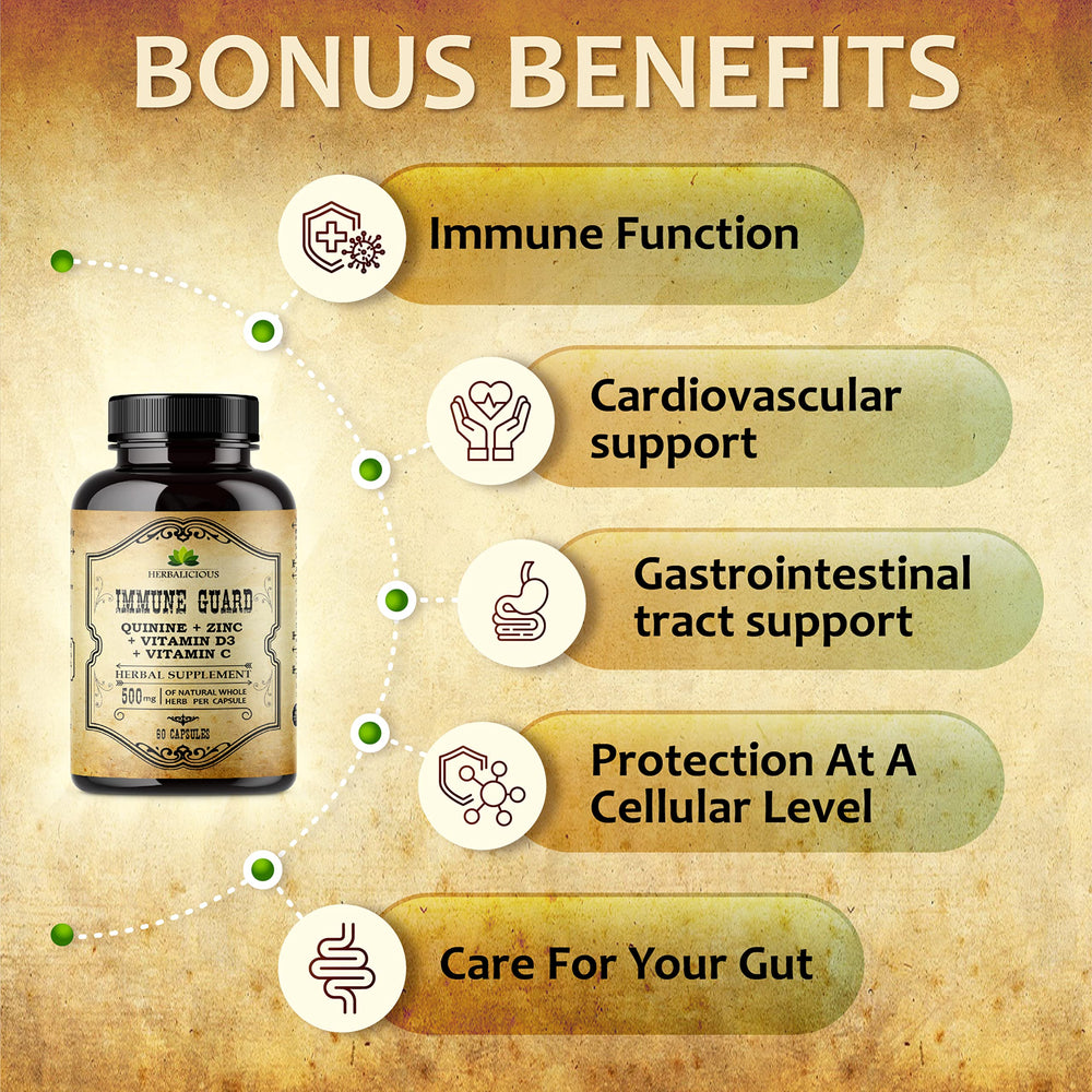 HERBALICIOUS Quinine Immune Guard dosage chart image shows daily intake guidance.
