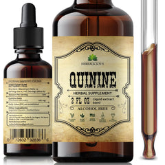 HERBALICIOUS Quinine Liquid Extract bottle close-up for leg comfort and nighttime ease.