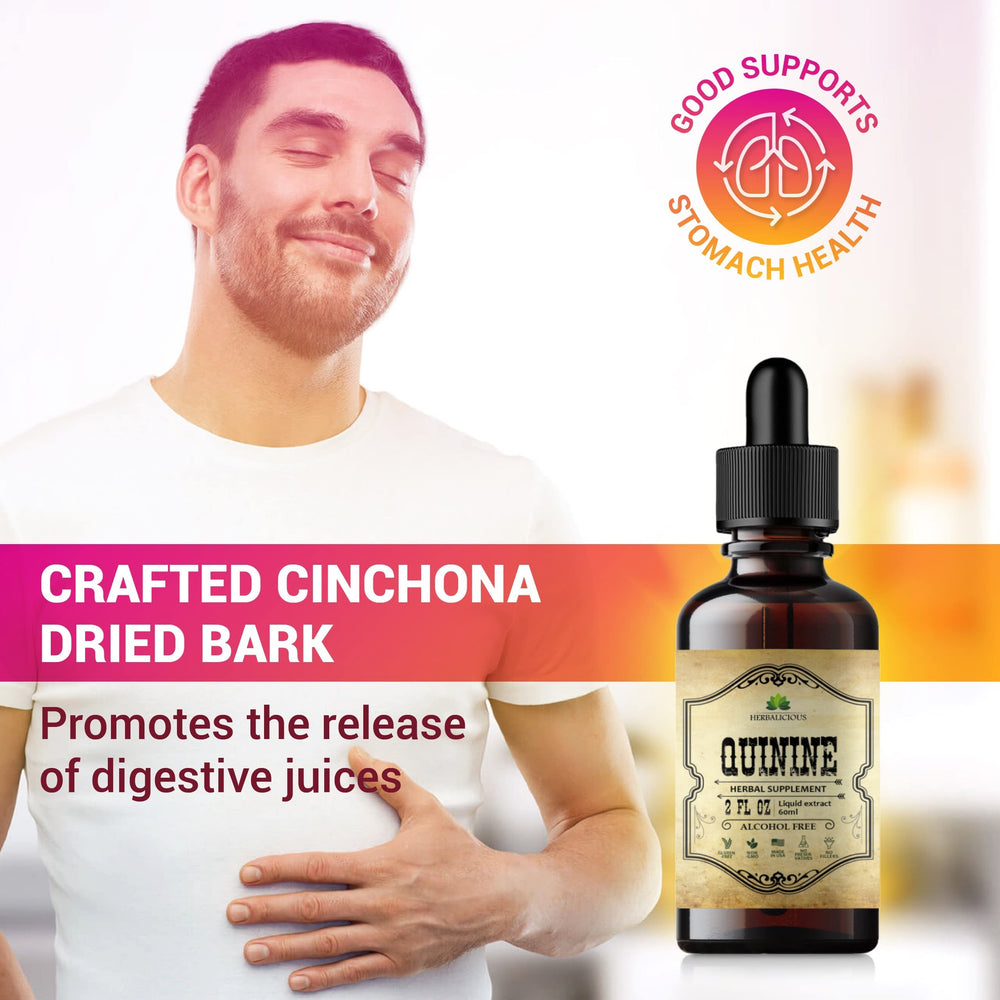 HERBALICIOUS Quinine Liquid Extract label shows organic Cinchona bark for natural leg support.