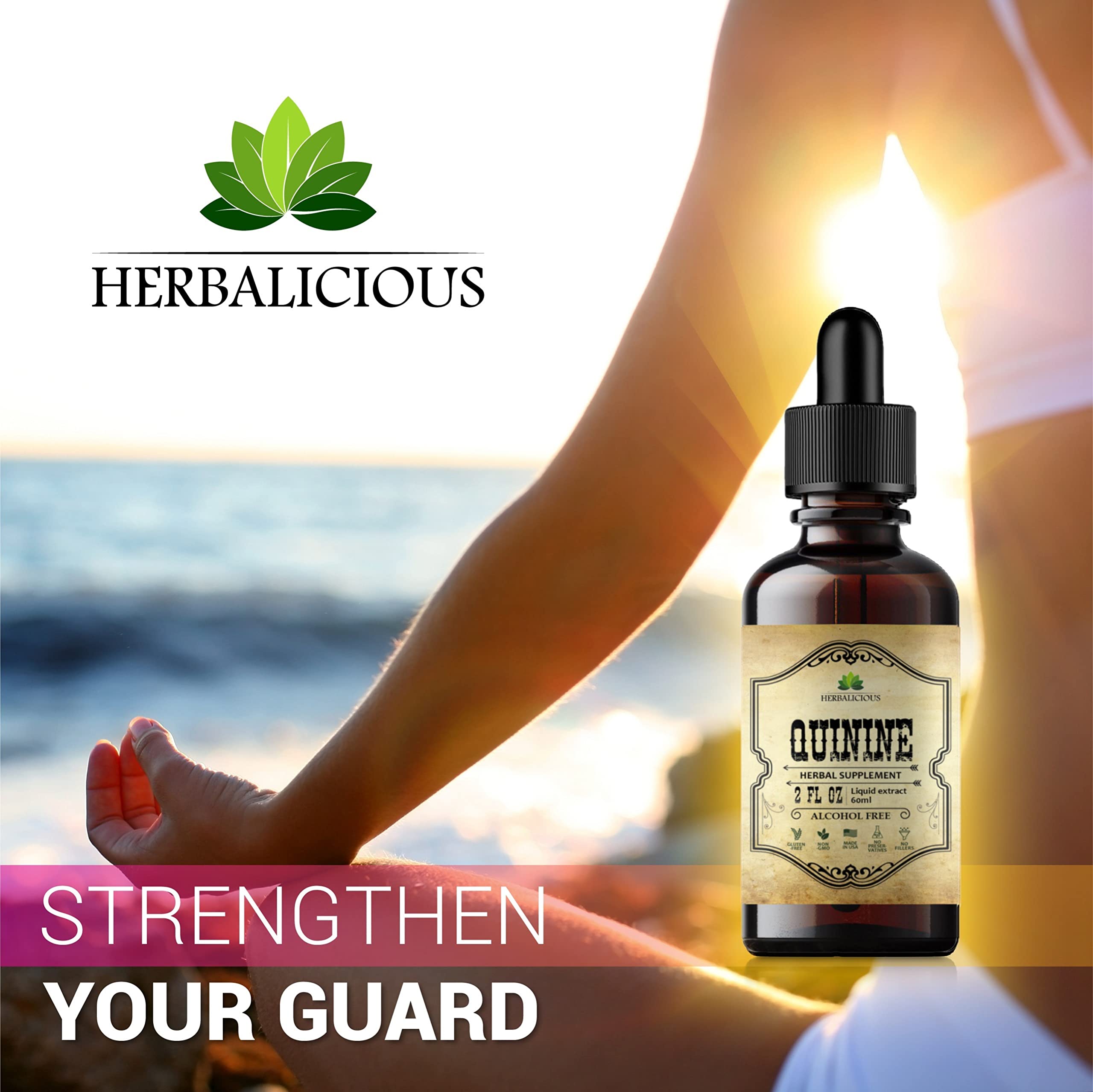 HERBALICIOUS Quinine tincture on wood with herbs conveys natural wellness.