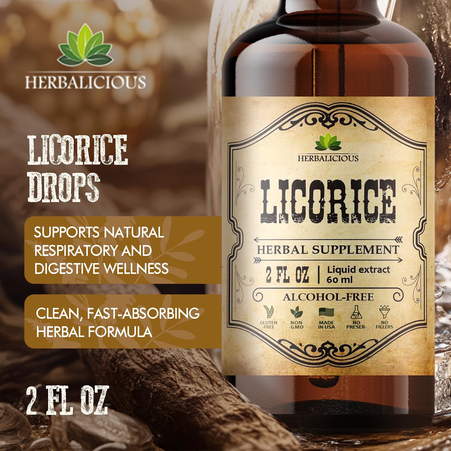 HERBALICIOUS vegan non-GMO label indicating clean dietary compatibility.
