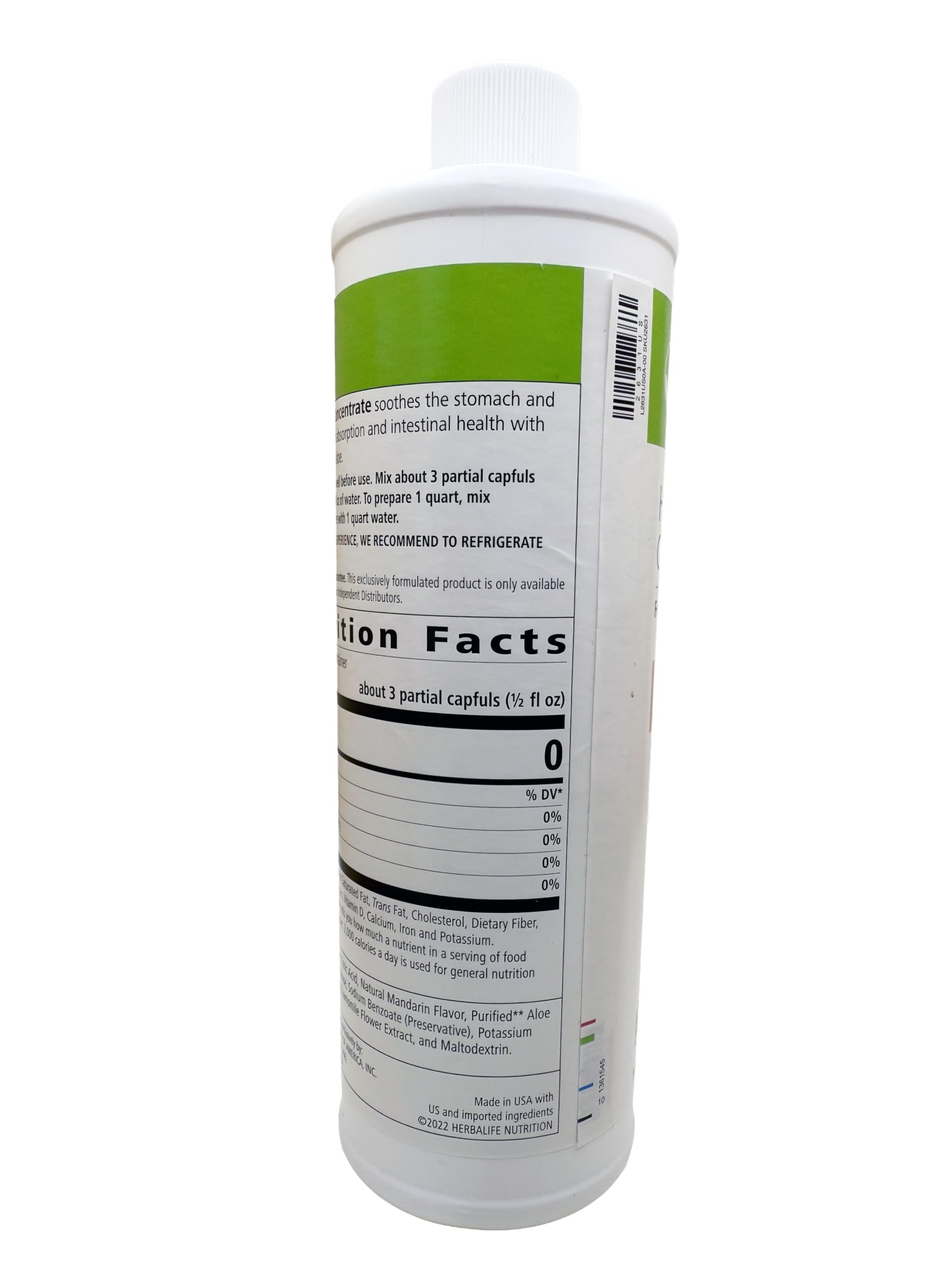 Herbalife Aloe Concentrate Mandarin ingredients view emphasizing gluten-free and calorie-free benefits.