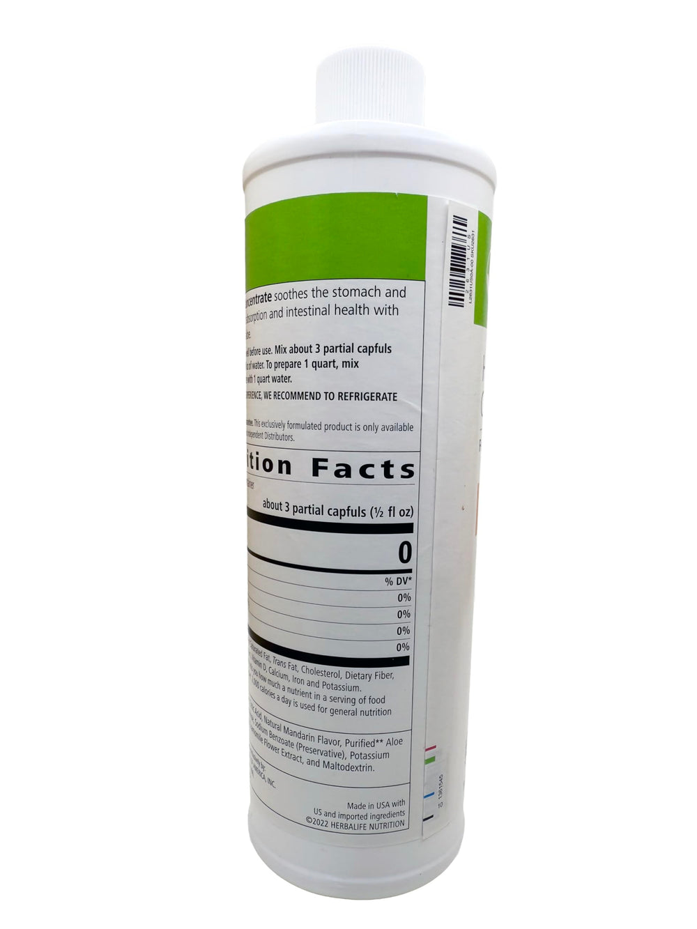 Herbalife Aloe Concentrate Mandarin ingredients view emphasizing gluten-free and calorie-free benefits.