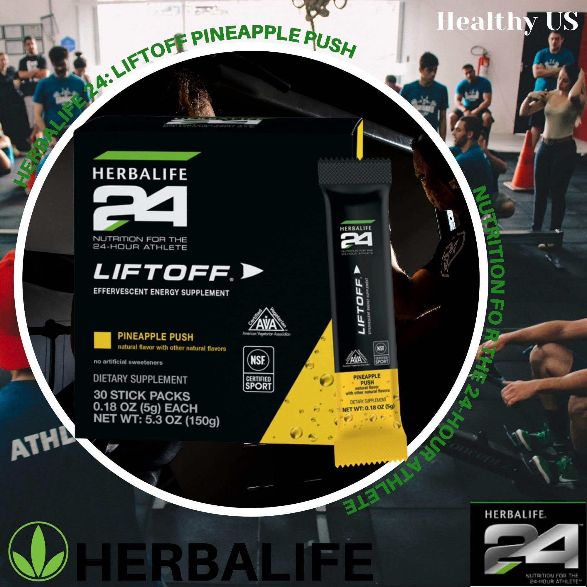 Herbalife24 Liftoff Pineapple Push open stick beside a glass for a refreshing energy drink.