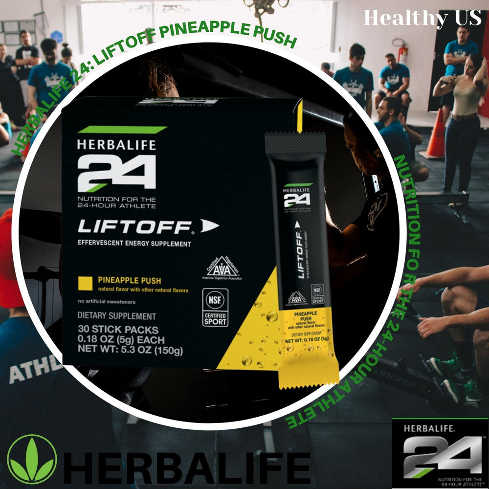 Herbalife24 Liftoff Pineapple Push open stick beside a glass for a refreshing energy drink.