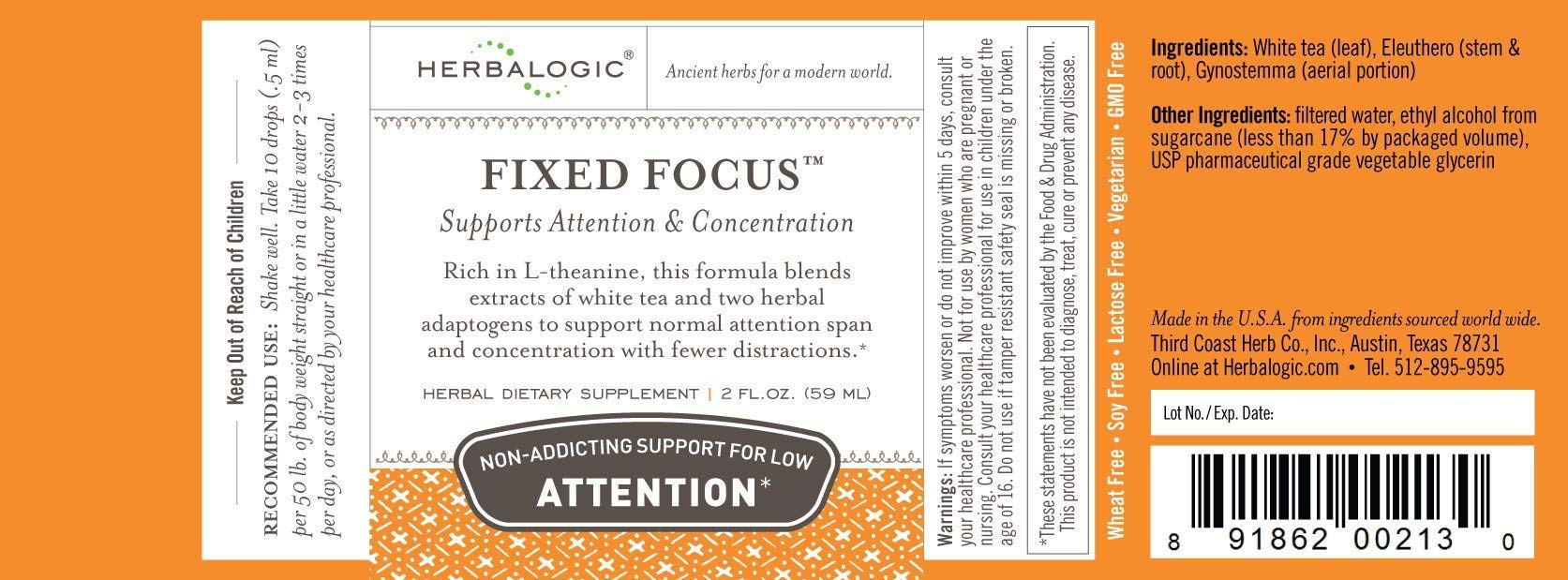 Herbalogic Fixed Focus label close-up shows natural ingredients and clarity