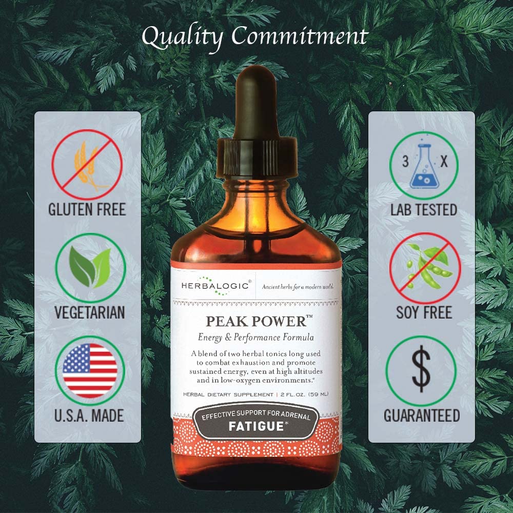 Herbalogic Peak Power Liquid Herb Drops label shows American ginseng and astragalus.