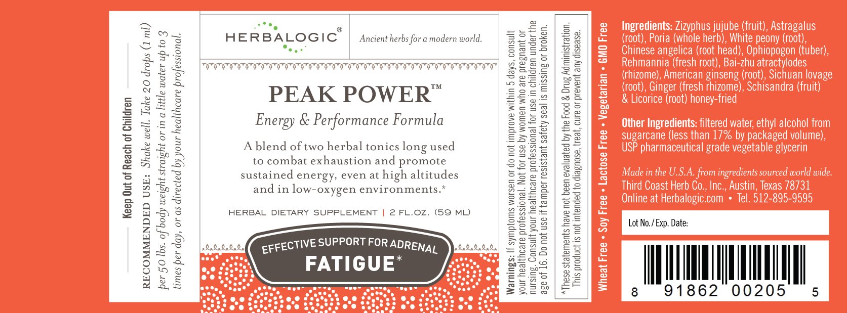 Pouring Herbalogic Peak Power Liquid Herb Drops highlights convenient stimulant-free energy.