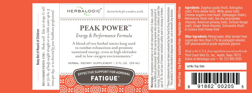 Pouring Herbalogic Peak Power Liquid Herb Drops highlights convenient stimulant-free energy.