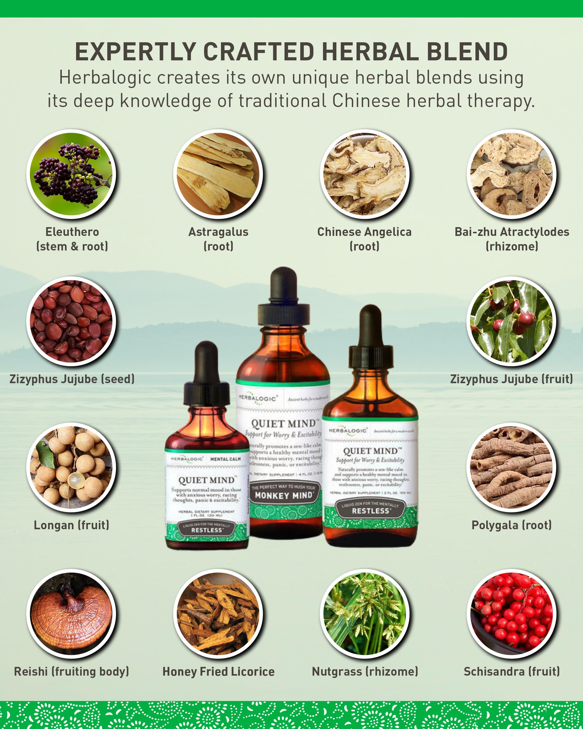 Herbalogic Quiet Mind Gui Pi Tang-inspired formula label; calming blend